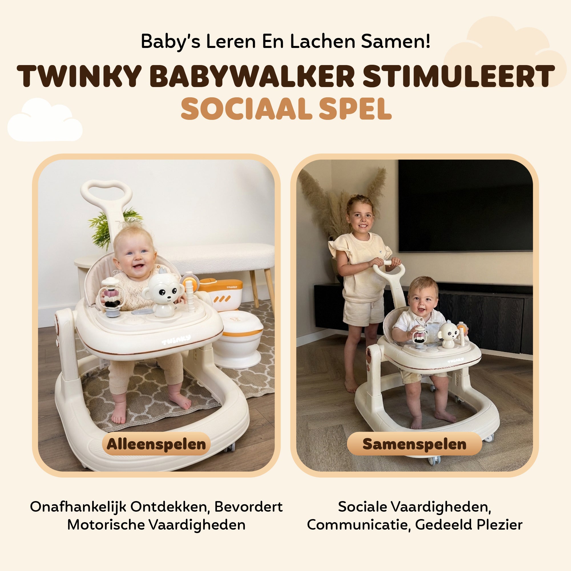 Twinky Babywalker GO - 2-in-1 Loopstoel & Loopwagen - Cream