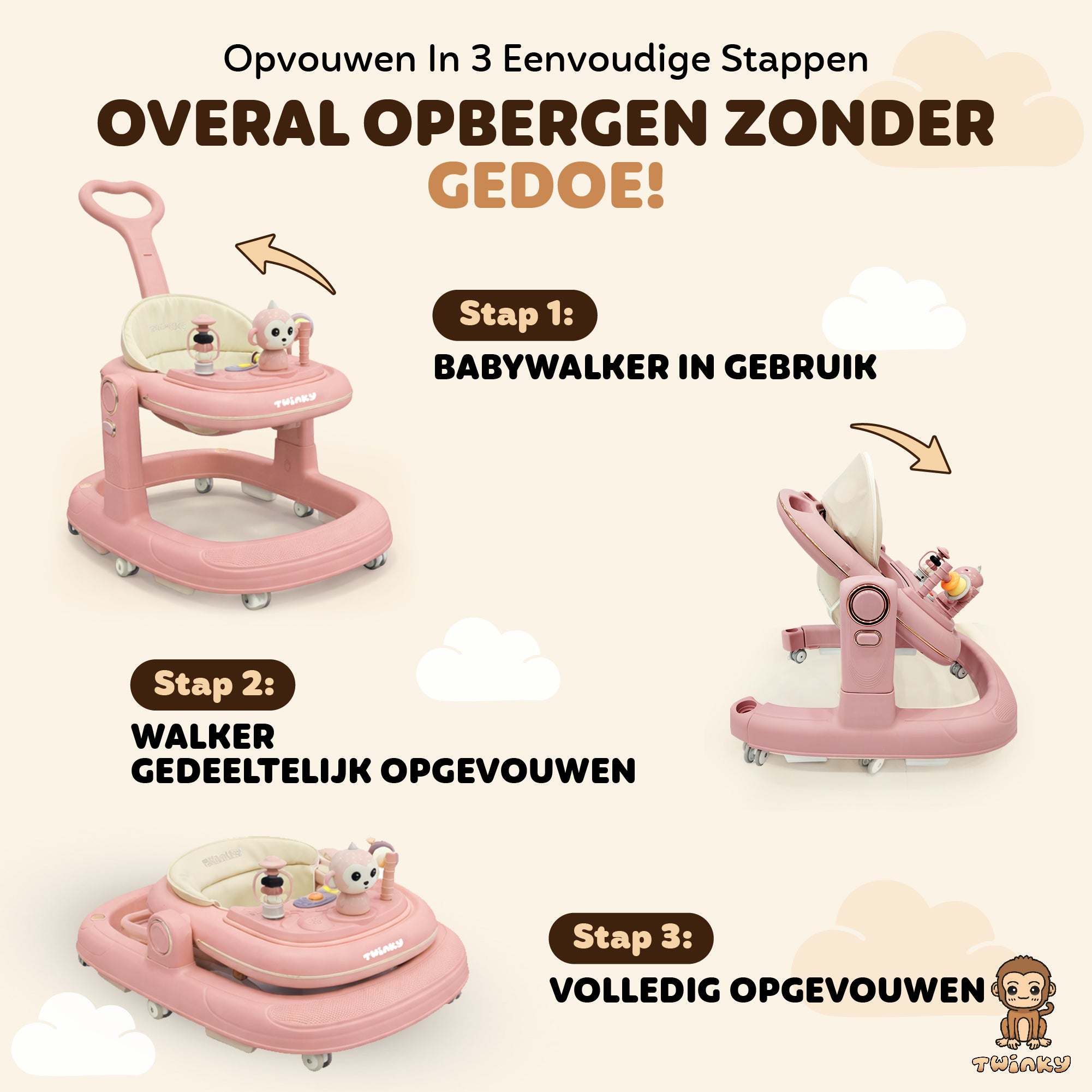 Twinky Babywalker GO - 2-i-1 Gåstol & Gåvagn - Rosa