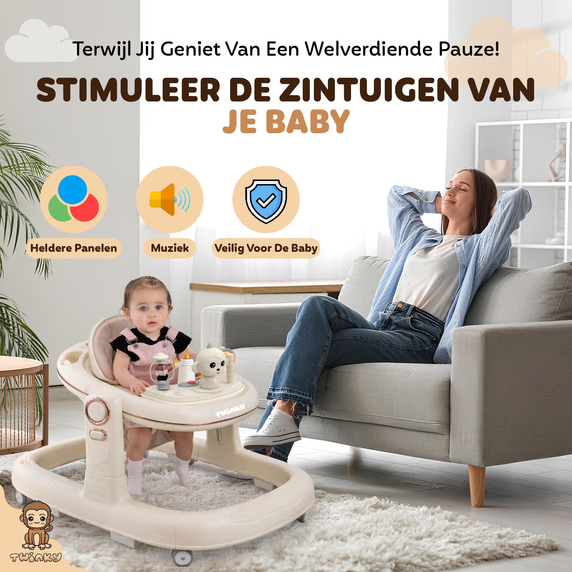 Twinky Babywalker GO - 2-in-1 Loopstoel & Loopwagen - Cream