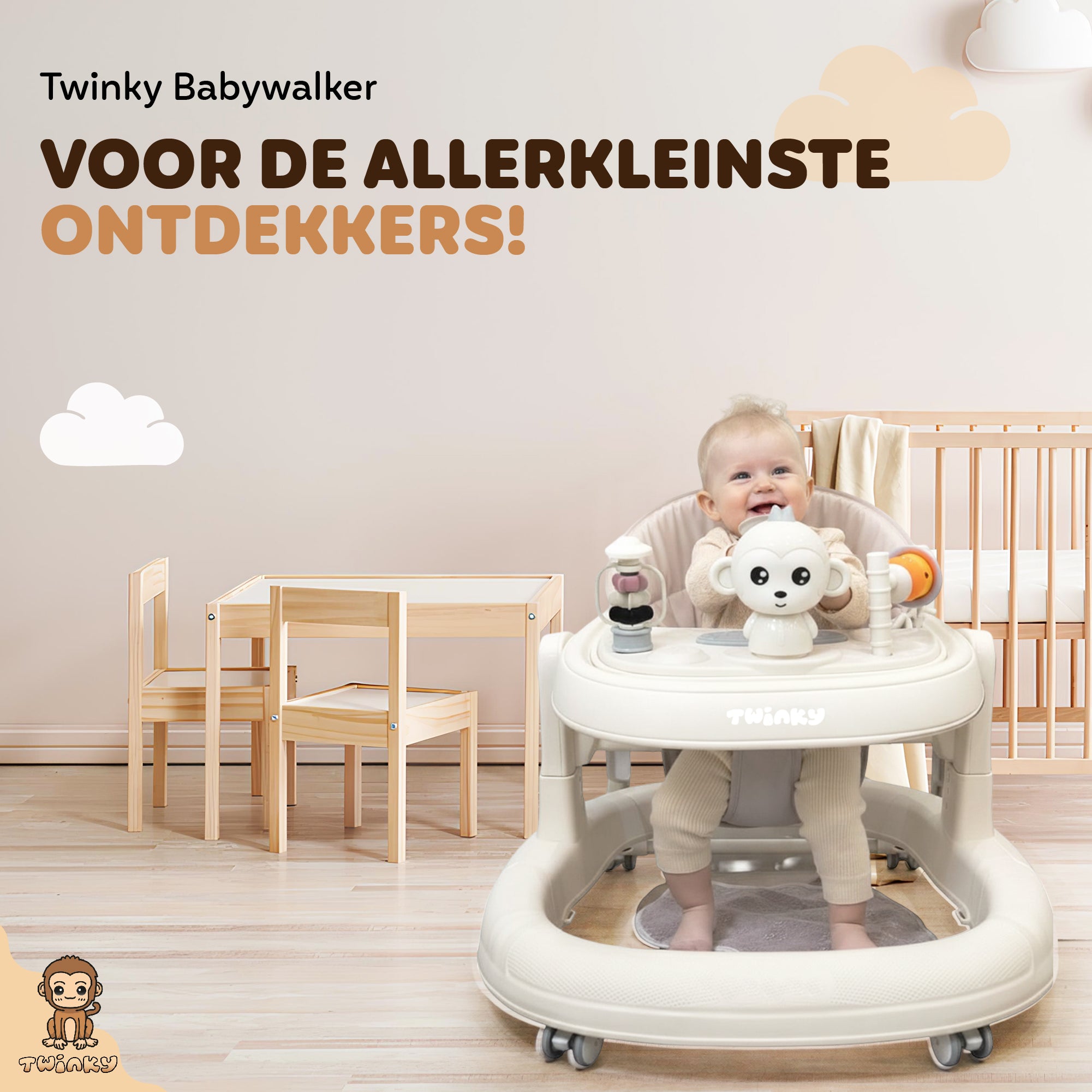 Twinky Babywalker GO - 2-in-1 Loopstoel & Loopwagen - Cream
