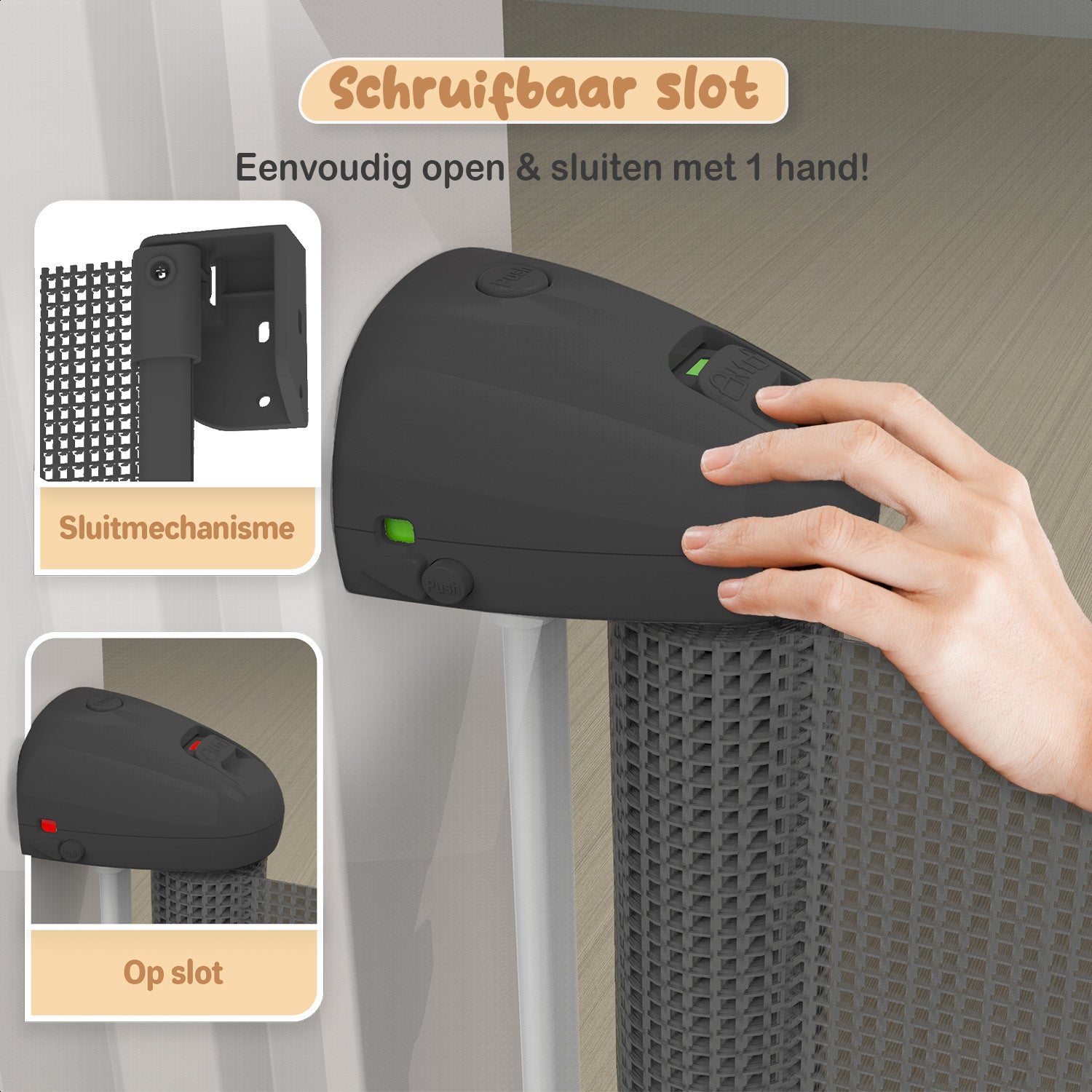 Een traphekje zonder boren, uitschuifbaar en oprolbaar, beschikbaar in zowel zwart als wit voor veiligheid en gemak.