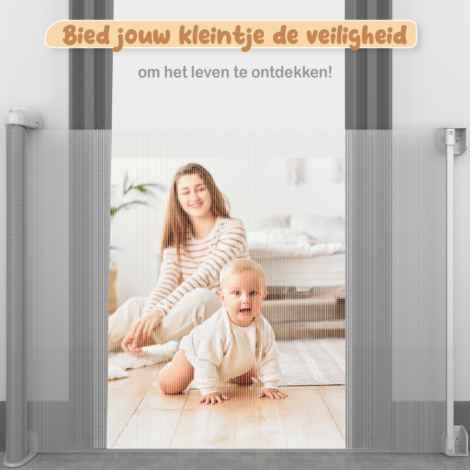 Een traphekje zonder boren, uitschuifbaar en oprolbaar, beschikbaar in zowel zwart als wit voor veiligheid en gemak.