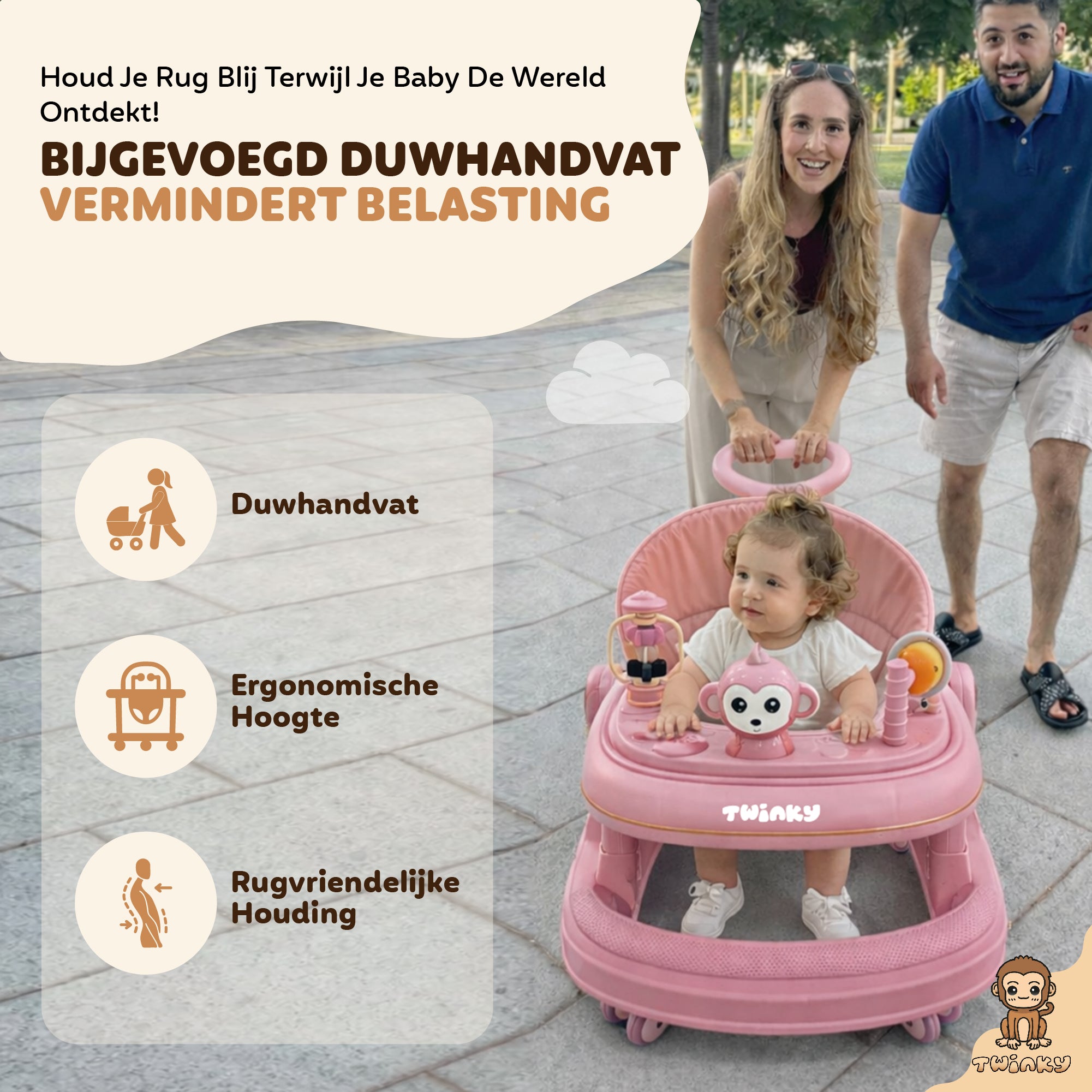 Twinky Babywalker GO - 2-i-1 Gåstol & Gåvagn - Rosa