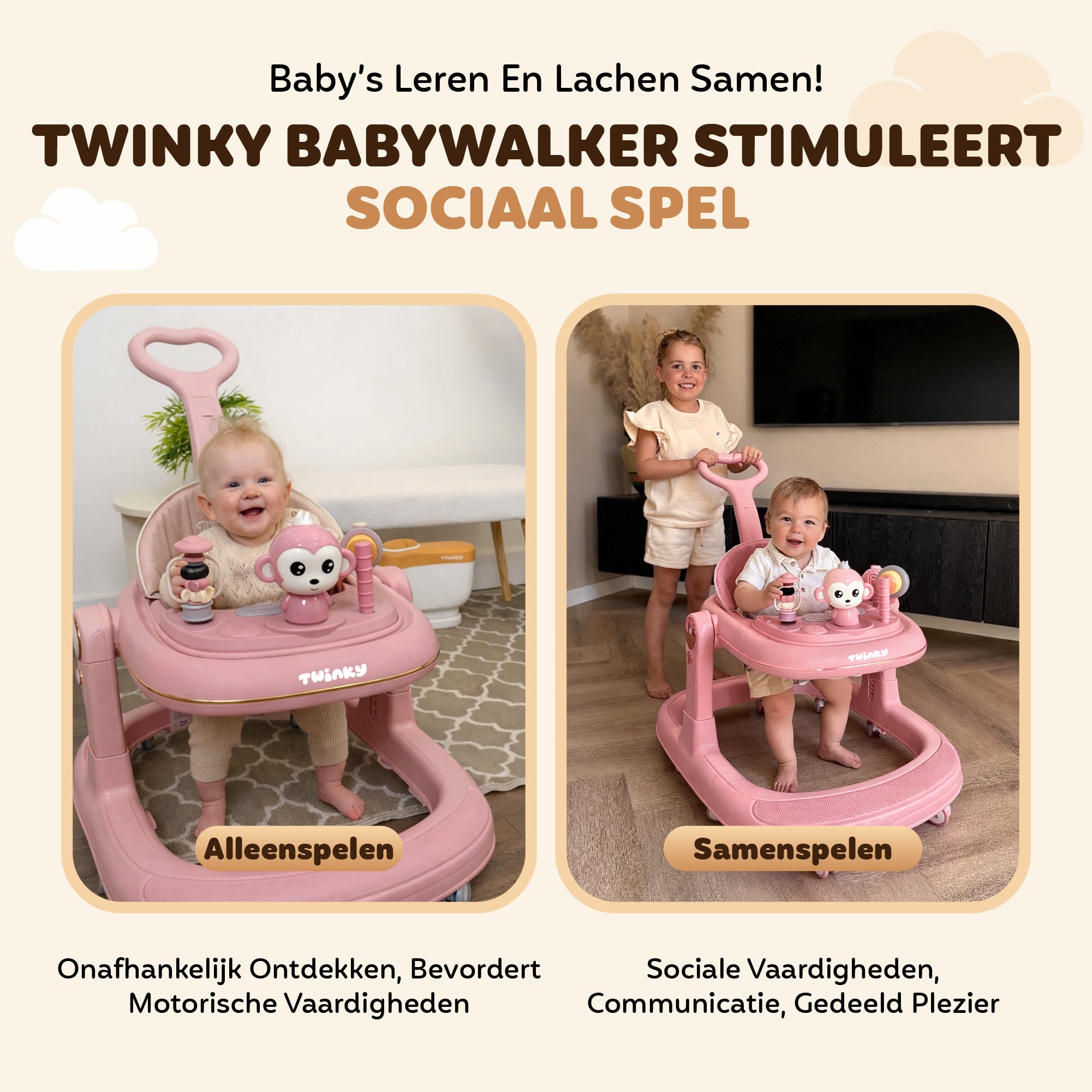 Twinky Babywalker GO - 2-i-1 Gåstol & Gåvagn - Rosa