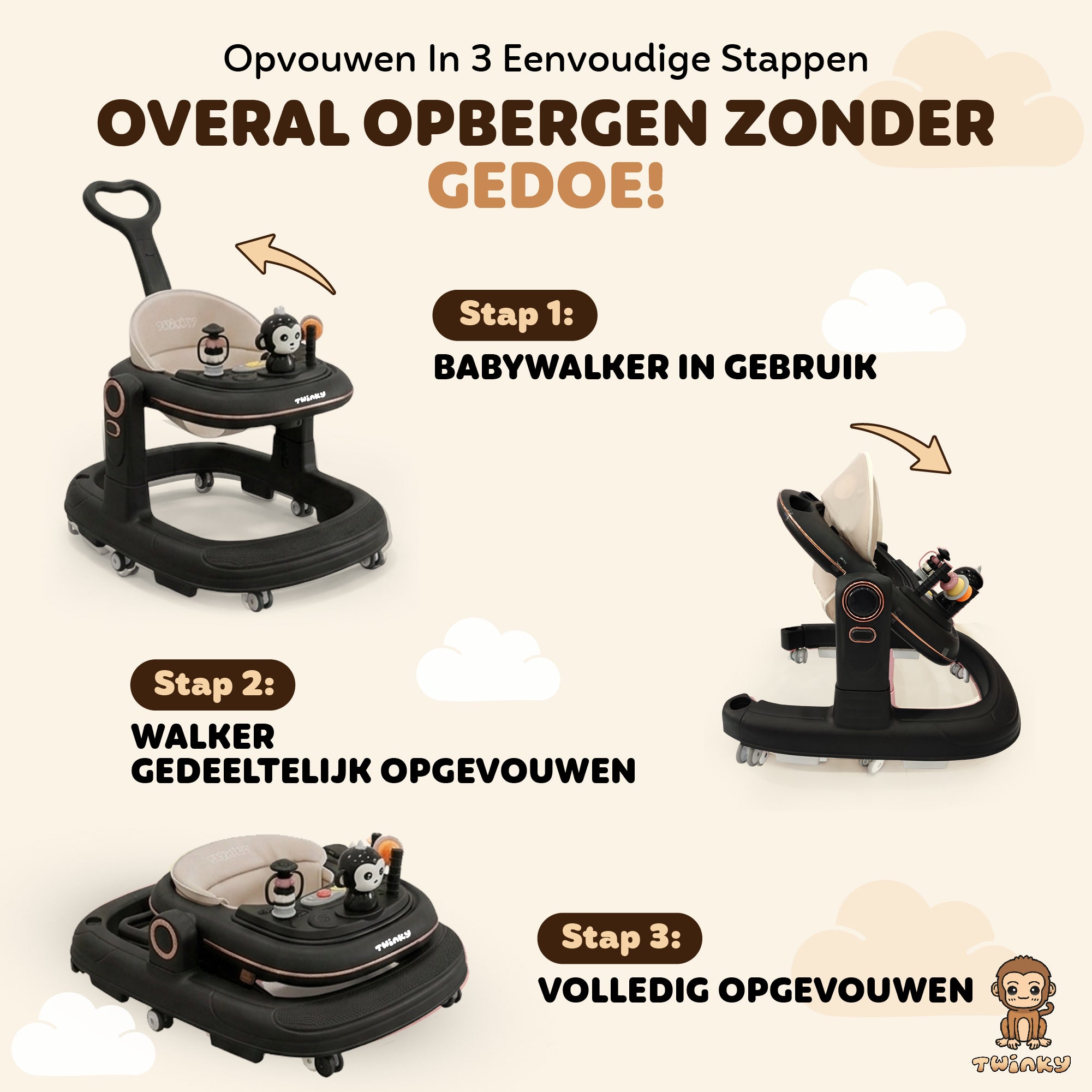 Twinky Babywalker GO - 2-in-1 Loopstoel & Loopwagen - Black