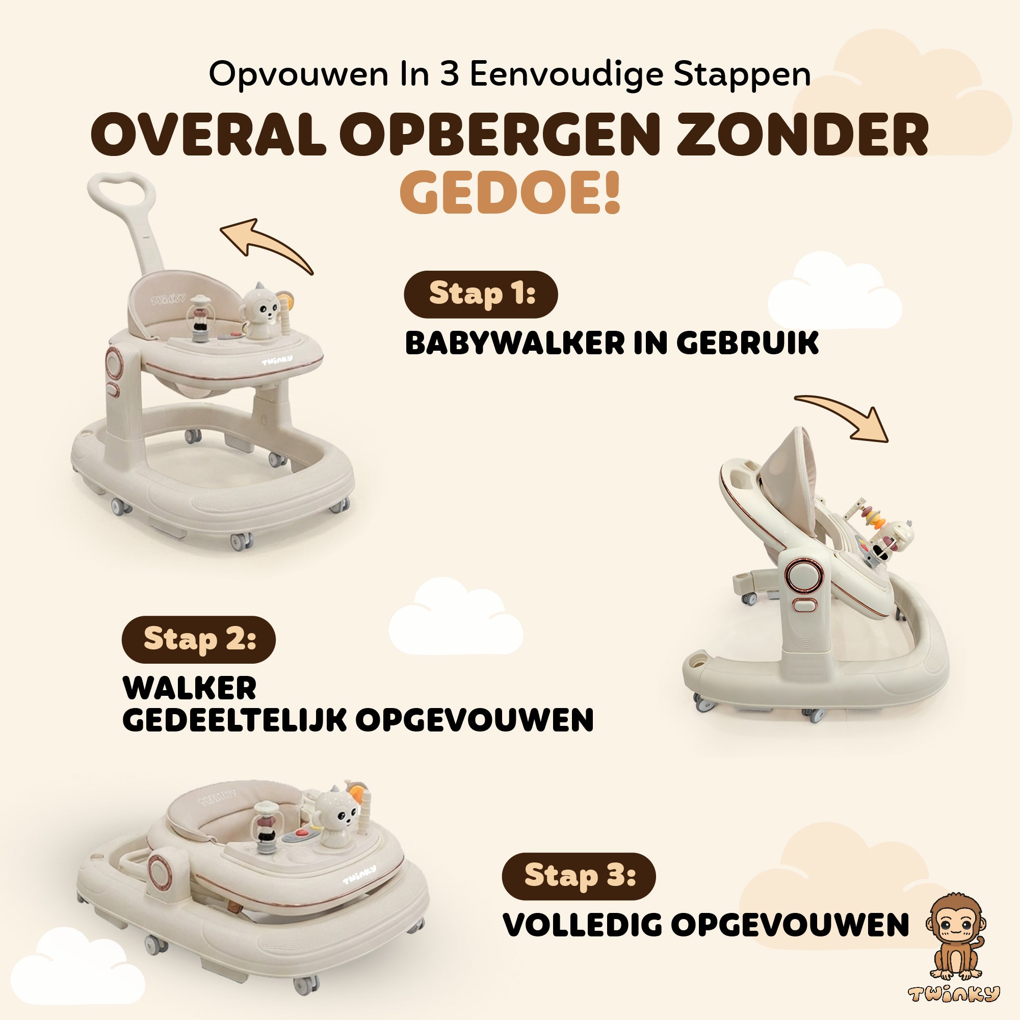 Twinky Babywalker GO - 2-in-1 Loopstoel & Loopwagen - Cream