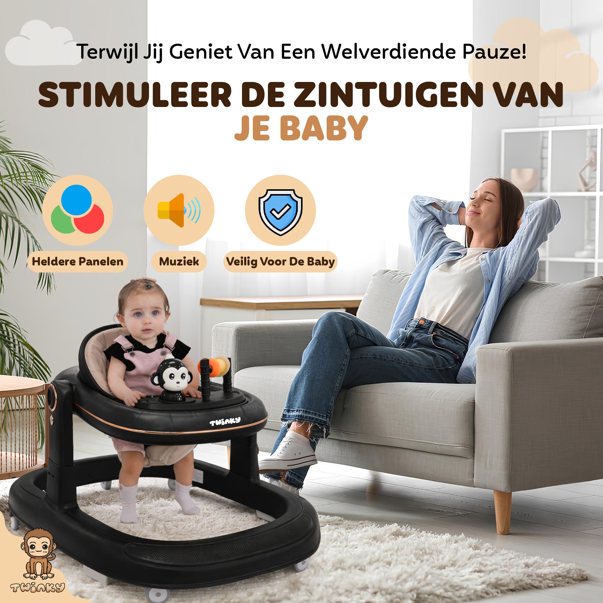 Twinky Babywalker GO - 2-in-1 Loopstoel & Loopwagen - Black
