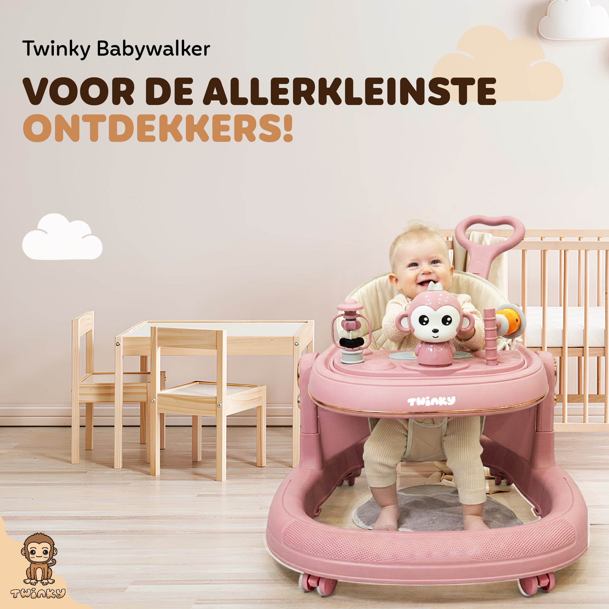 Twinky Babywalker GO - 2-i-1 Gåstol & Gåvagn - Rosa