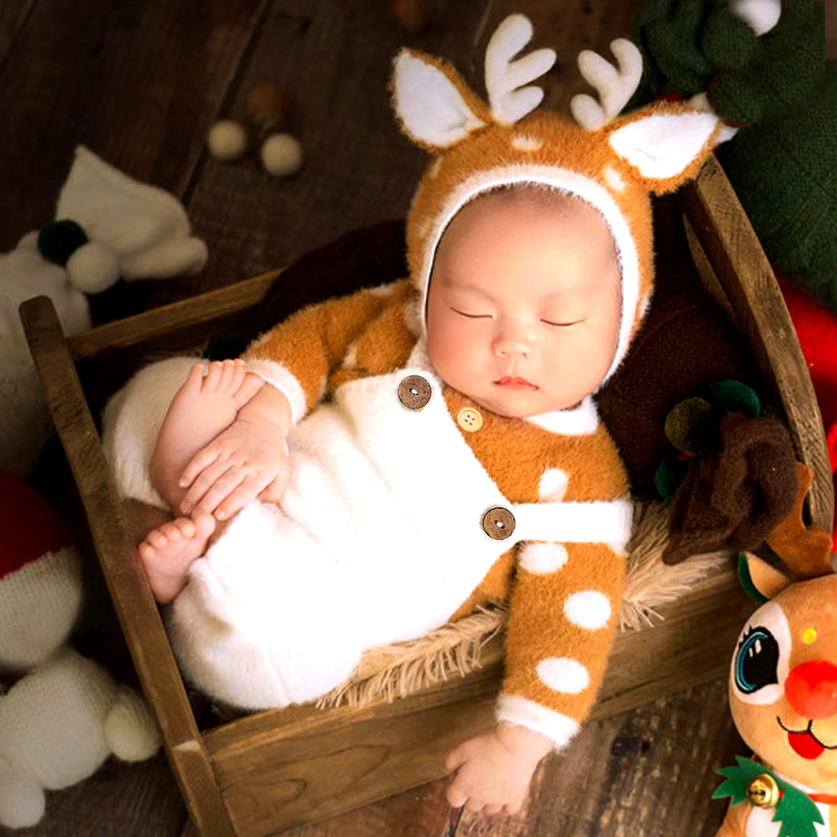 Newborn Baby Christmas Outfit for Photo Shooting Knitted Infant Suspender Pants Tops Antler Hat Baby Photography Props