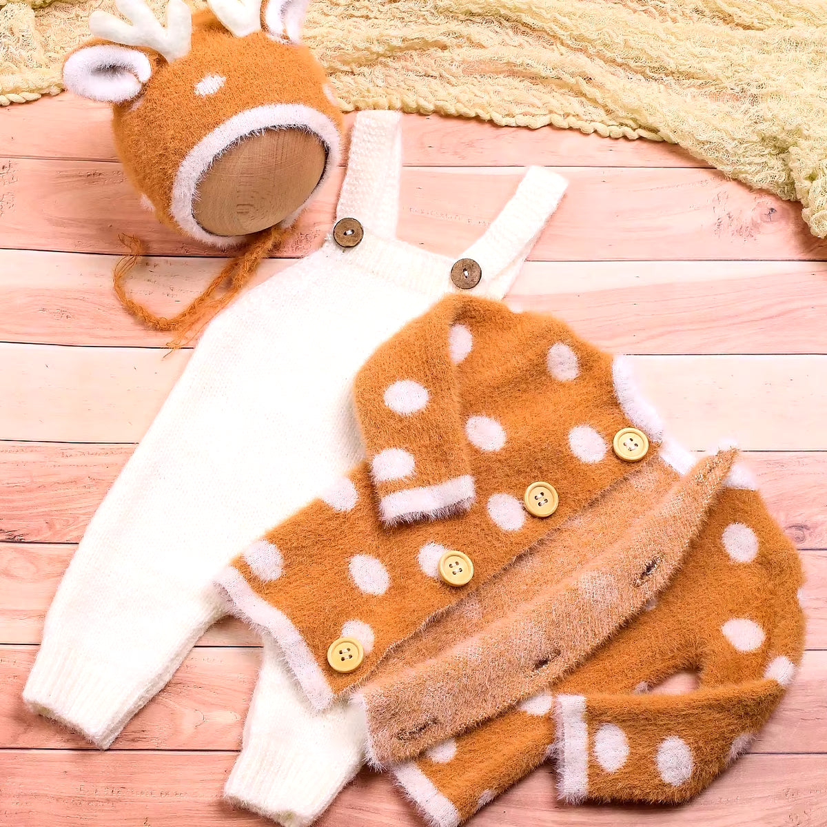 Newborn Baby Christmas Outfit for Photo Shooting Knitted Infant Suspender Pants Tops Antler Hat Baby Photography Props