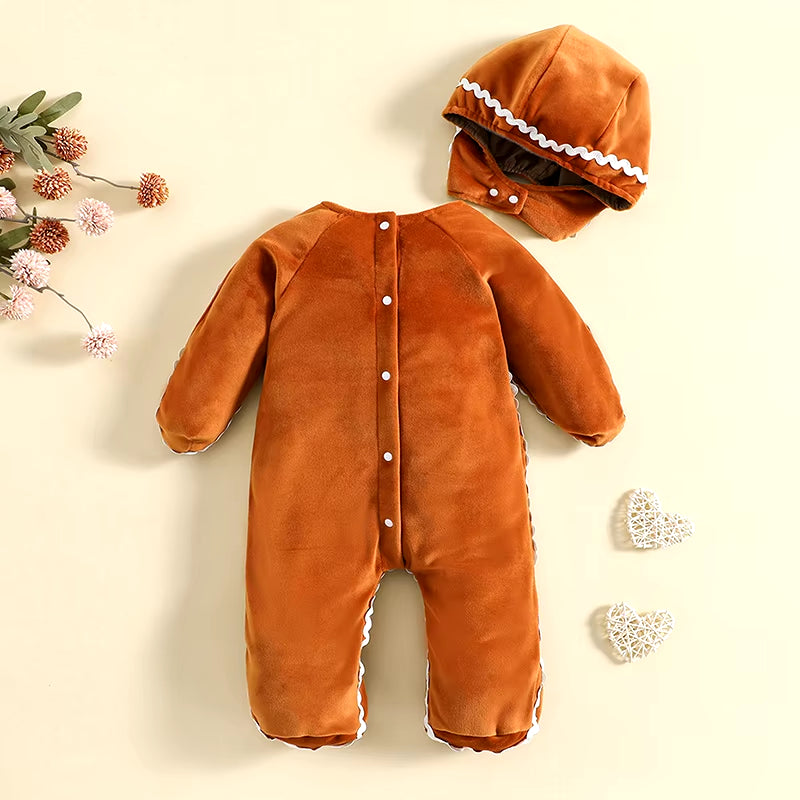 Newborn Baby Gingerbread Man Rompers + Hat Christmas Lovely Plush Long Sleeve Footed Jumpsuit for Infant Girl Boy Costume