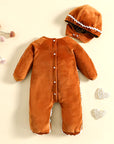 Newborn Baby Gingerbread Man Rompers + Hat Christmas Lovely Plush Long Sleeve Footed Jumpsuit for Infant Girl Boy Costume