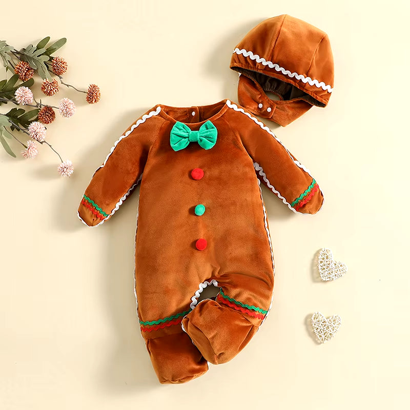 Newborn Baby Gingerbread Man Rompers + Hat Christmas Lovely Plush Long Sleeve Footed Jumpsuit for Infant Girl Boy Costume