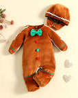 Newborn Baby Gingerbread Man Rompers + Hat Christmas Lovely Plush Long Sleeve Footed Jumpsuit for Infant Girl Boy Costume