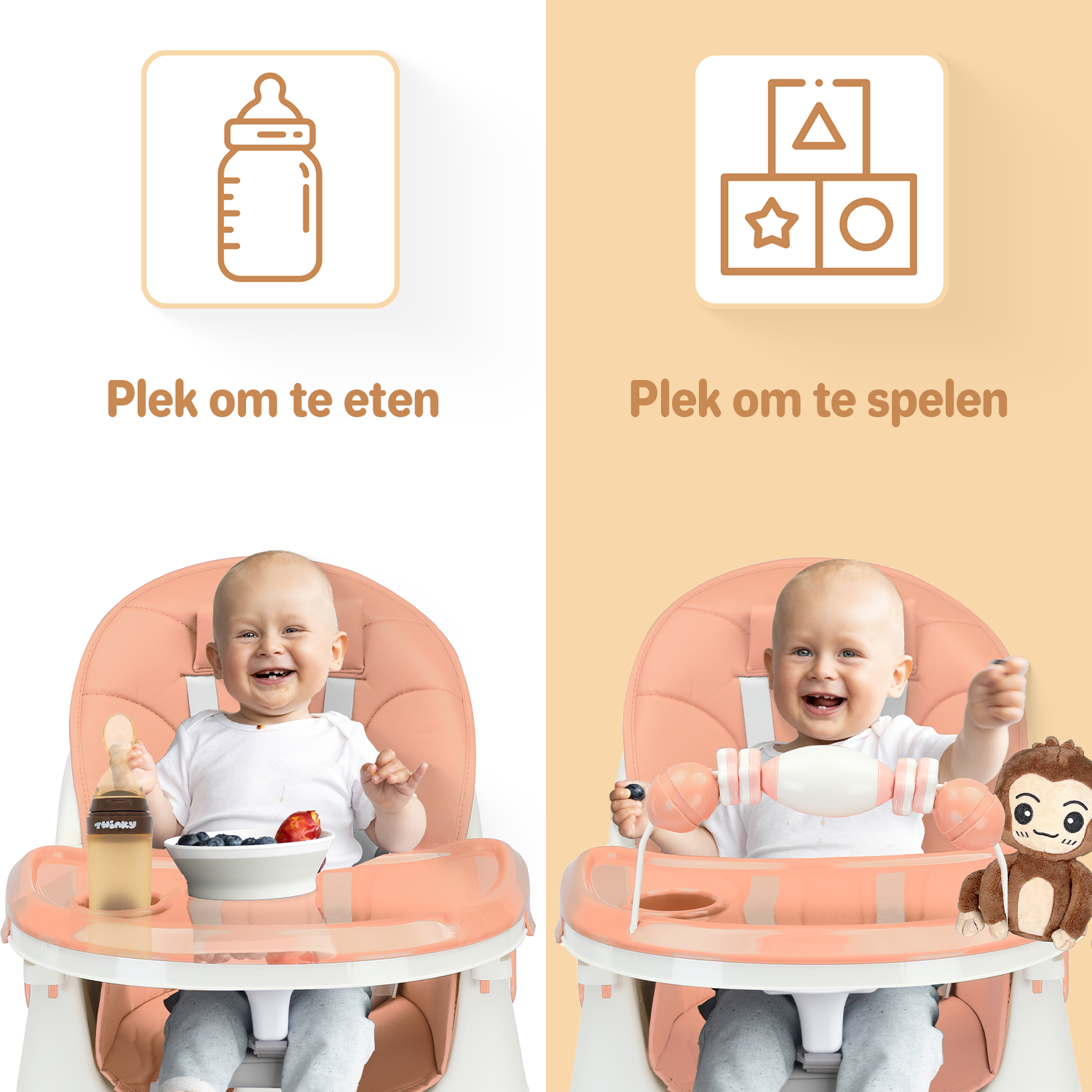 Een Roze inklapbare kinderstoel die ook als kinderstoeltje en tafel kan dienen, ideaal als meegroeiende stoel voor baby's.