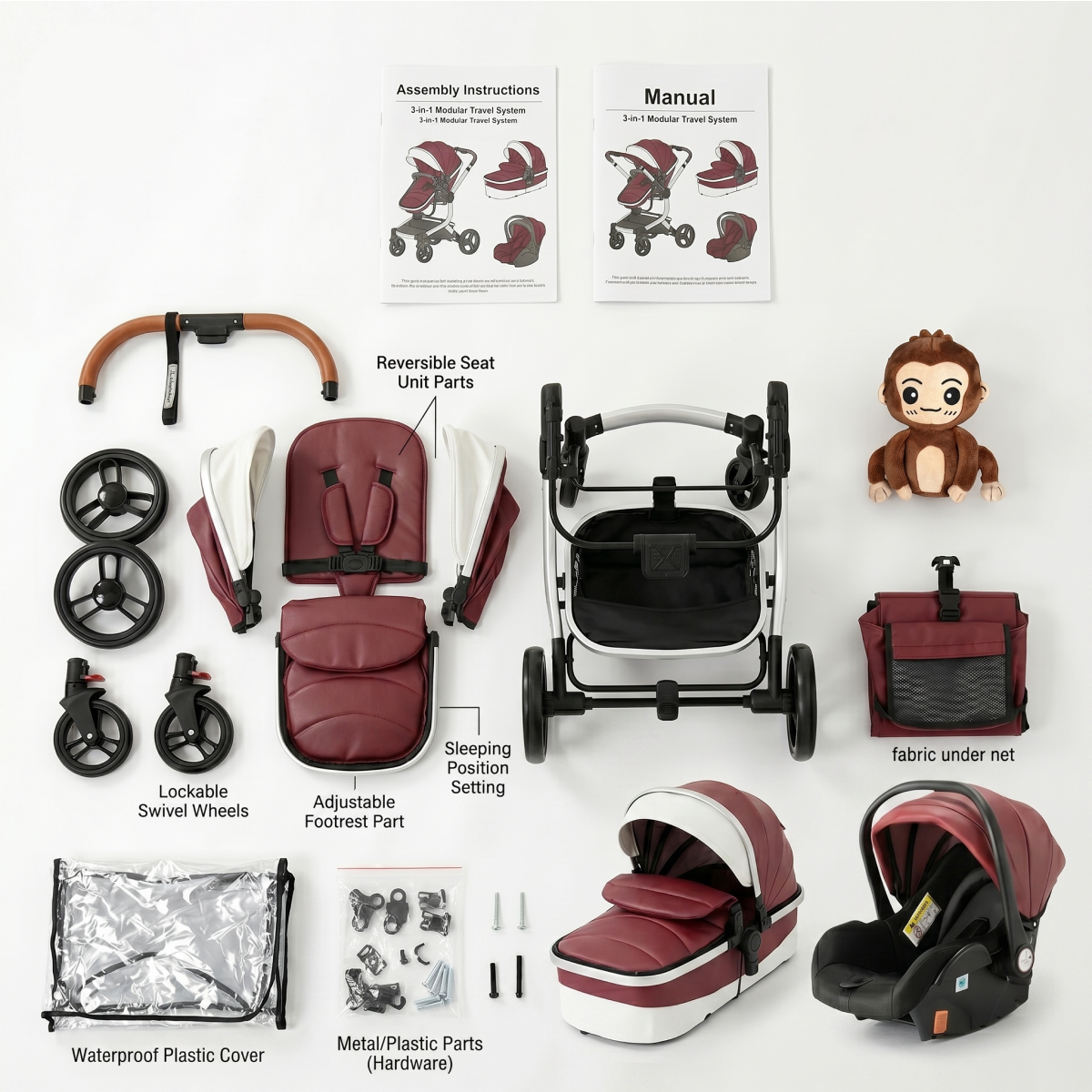Twinky 4-i-1 Barnevogn Luxury Set Bordeaux | Kombivogn
