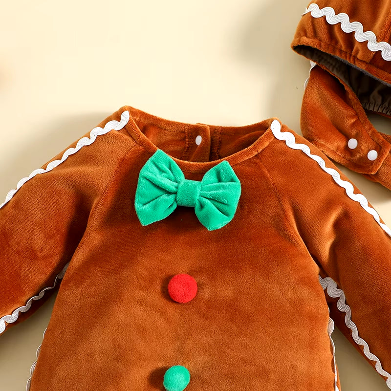 Newborn Baby Gingerbread Man Rompers + Hat Christmas Lovely Plush Long Sleeve Footed Jumpsuit for Infant Girl Boy Costume