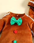 Newborn Baby Gingerbread Man Rompers + Hat Christmas Lovely Plush Long Sleeve Footed Jumpsuit for Infant Girl Boy Costume