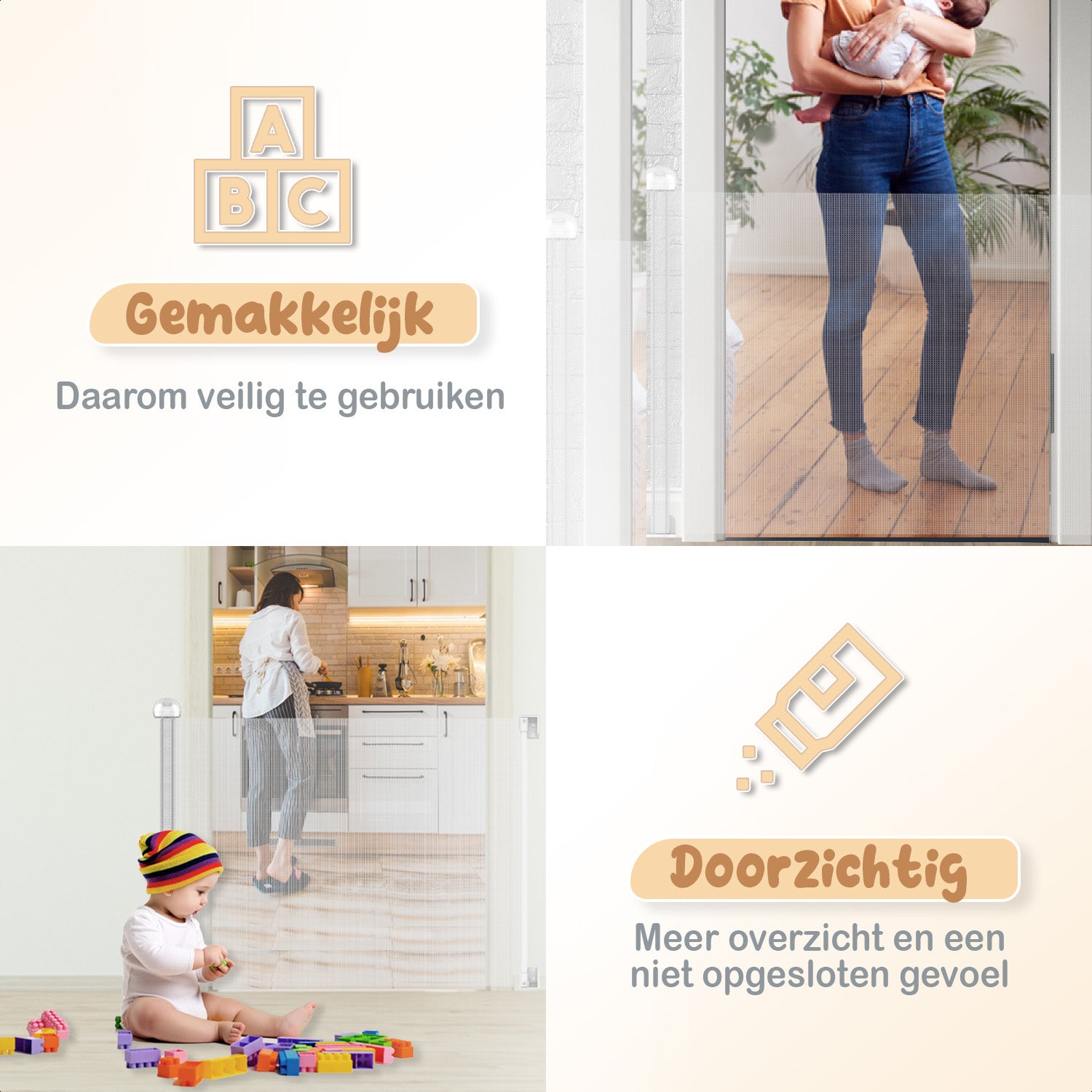 Een traphekje zonder boren, uitschuifbaar en oprolbaar, beschikbaar in zowel zwart als wit voor veiligheid en gemak.