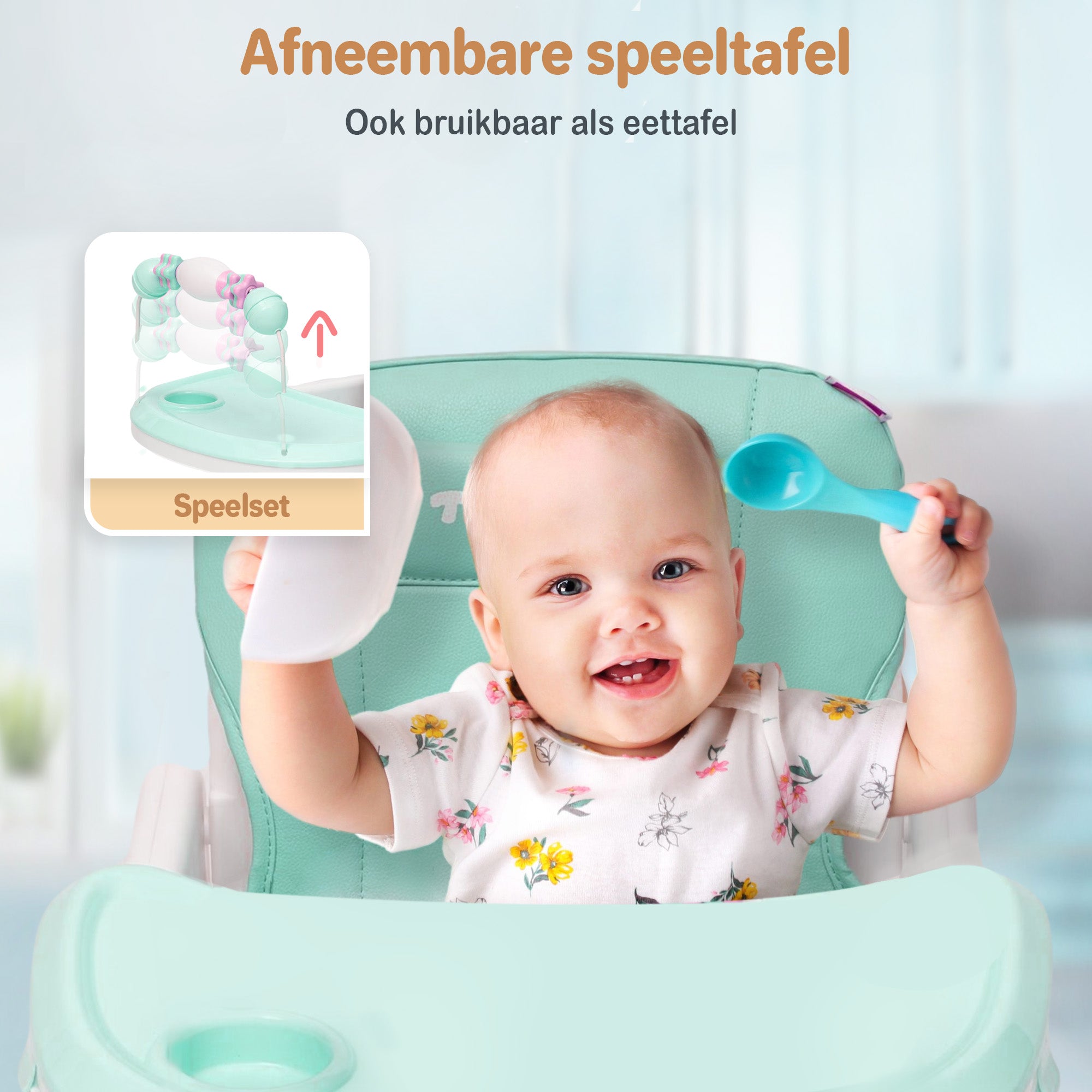 Een inklapbare kinderstoel die ook als kinderstoeltje en tafel kan dienen, ideaal als meegroeiende stoel voor baby's.