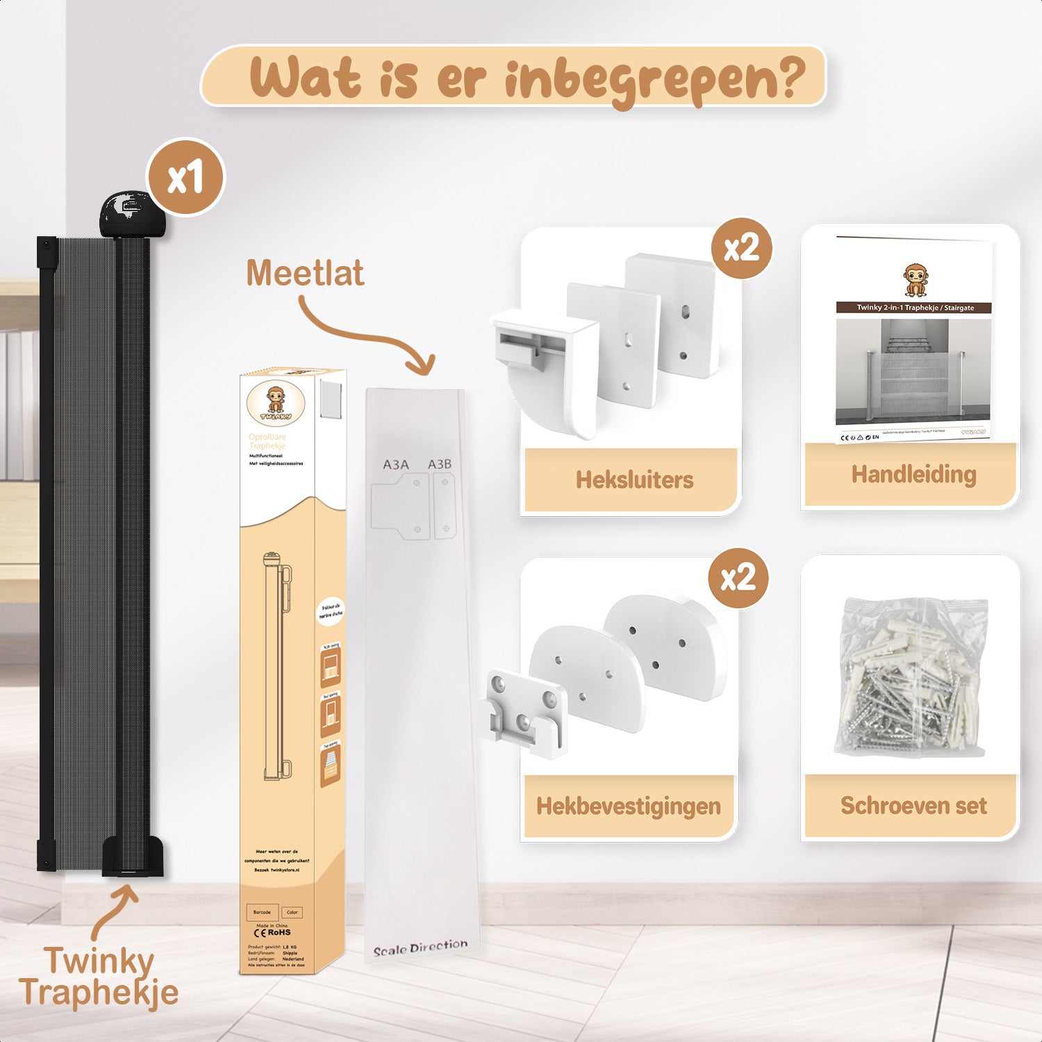Een traphekje zonder boren, uitschuifbaar en oprolbaar, beschikbaar in zowel zwart als wit voor veiligheid en gemak.